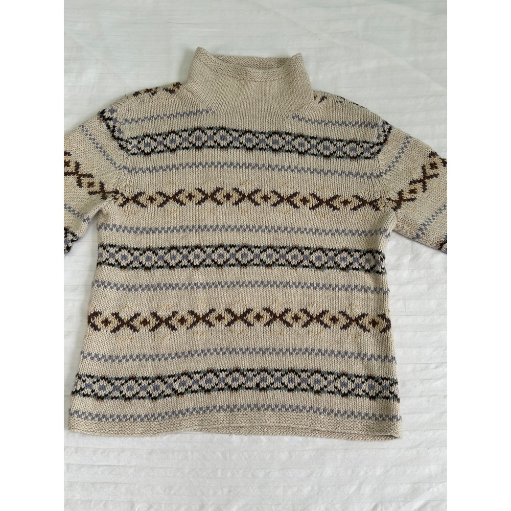 J. Jill Hand Knit Fair Isle Mock Neck Sweater Cream Brown Blue Small